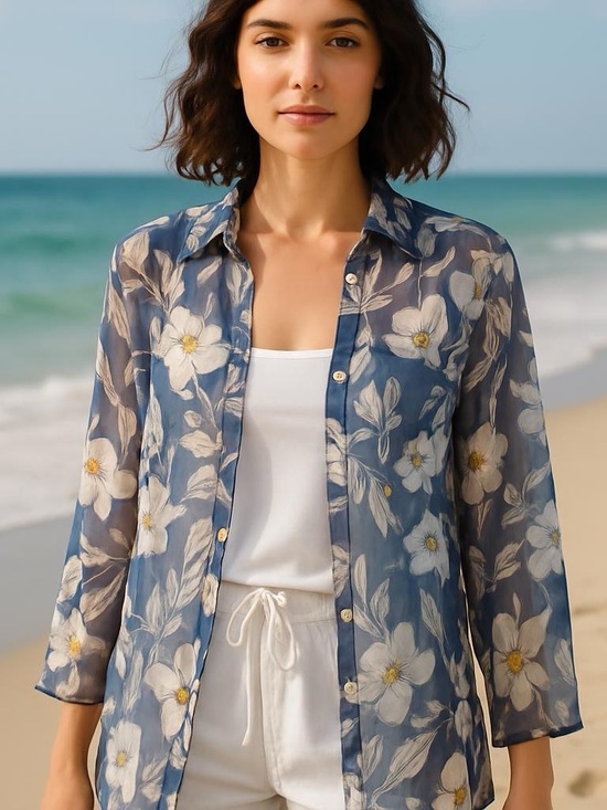 Hope Springs Tops - Hope‎ Springs Blue and White Floral Button-Up Sheer Blouse Size L